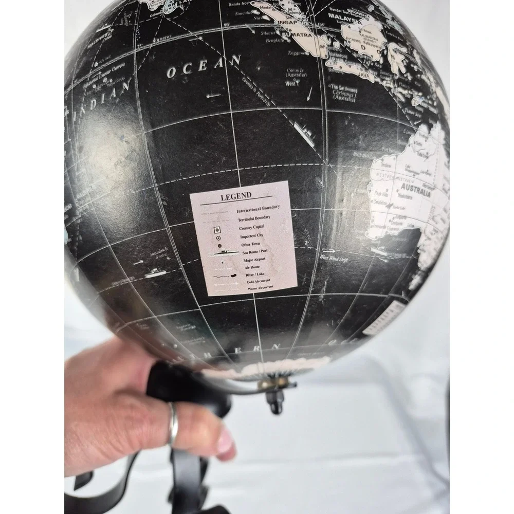 Vintage Tilted Black Ocean Globe USSR Yugoslavia Serbia Wrought Iron Stand 16